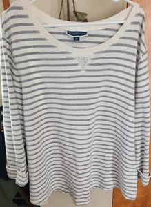 Sudadera Pullover Cuello Redondo Karen Scott Deportiva Gris Rayas con Brillos 3X - Imagen 1 de 6