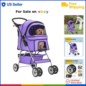 Pet Stroller Oxford Cloth 4-Wheel Foldable Carrier for Small Dogs Cats Purple - Picture 1 of 9