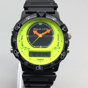 Vintage Timex Brave Wave Dual Time Uhr 38mm Unisex schwarz neongelb neue Batterie - Bild 1 von 14