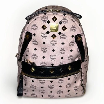 MCM Visetos Tachonado Doble Stark Mochila Bolsa Mujer Cuero Rosa Suave Dorado Negro Foto 1 de 4