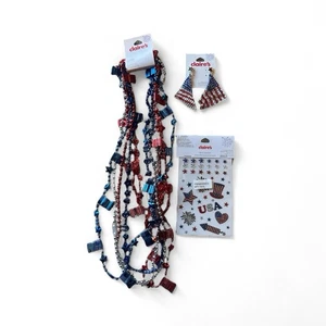 NWT Lot 3 Claire's Patriotic 4th of July Earrings 6 Necklaces Body Stickers NEW - Picture 1 of 4