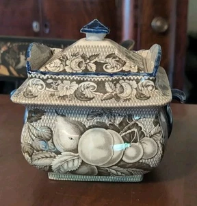 Salopian English Staffordshire Sugar Box & Cover Antique Transfer Fruits 19th C - Picture 1 of 16