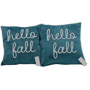 2 Almohadas Decorativas Otoño "Hola Otoño" 14" x 14" Bordadas Verde azulado - Imagen 1 de 6