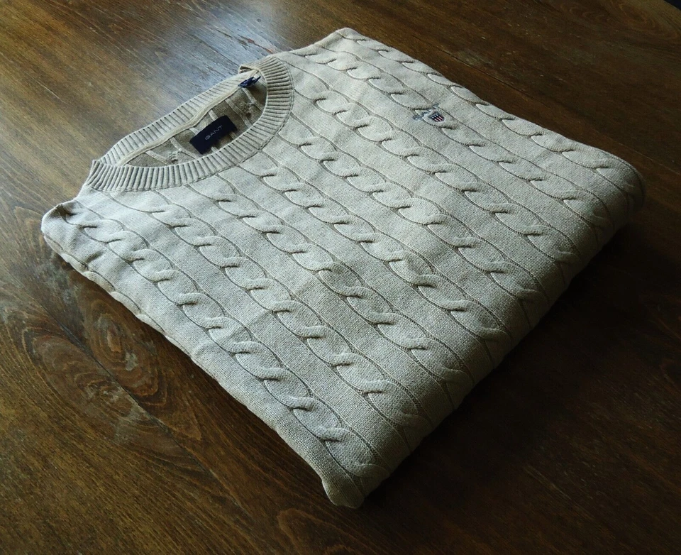 Pull homme GANT taille 2XL col rond tricot câble beige NEUF - Photo 1/4