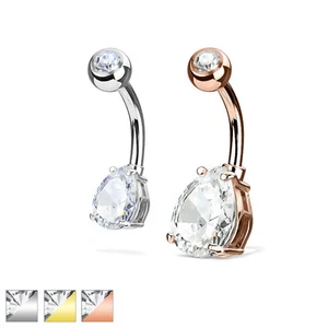Double Gem Teardrop CZ Prong Set Surgical Steel Navel Belly Button Ring - Picture 1 of 5