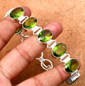 Green Peridot Gemstone Handmade 925 Sterling Silver Ethnic Jewelry Bracelet 7-8" - Picture 1 of 10
