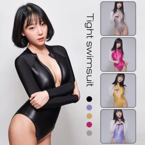 LEOHEX Ladies Swimsuit Glossy Wet look One-piece Thong Leotard Zip Long Sleeve - Picture 1 of 17