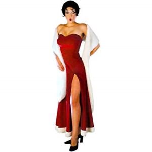 Gown Red Velour & Wht Faux Fur Trim Strapless "Betty Boop" Style Costume Dress 