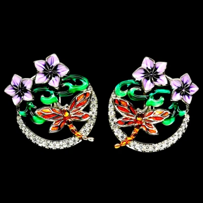 MULTI COLOR ENAMEL & WHITE CZ DRAGONFLY EARRINGS 925 STERLING SILVER 14K WGP - Image 1 of 3