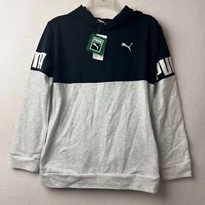 Puma Pullover Hoodie Youth Large 14/16 fleece pockets gray black LOGO NWT - Picture 1 of 6
