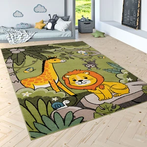 Kinderteppich Spielteppich Dschungel Tiere Palmen Affe Elefant Giraffe Löwe Grün - Bild 1 von 5