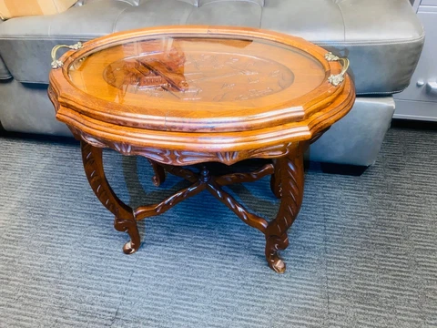 Antique Oval Oak Tea Table With Glass Serving Tray With Hand Carved 1920's Cover