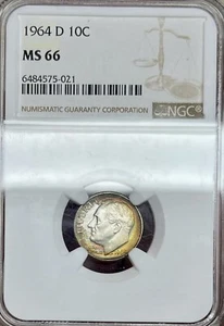 Rainbow Toned 1964-D Roosevelt Dime NGC MS66 - Picture 1 of 2