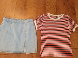 Girl's teen juniors denim mini skirt & 100% cotton striped top shirt size S - Picture 1 of 4