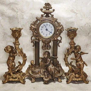 PAIR OF FRENCH ANTIQUE  CANDLESTICKS CHERUBS And Clock  Made In USA 10.5" Works! - Picture 1 of 17