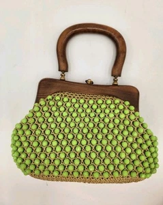 Vintage grün Perlen Holzgriff Handtasche gewebt Kunststoff Perlen Seide gefüttert Handtasche - Bild 1 von 24