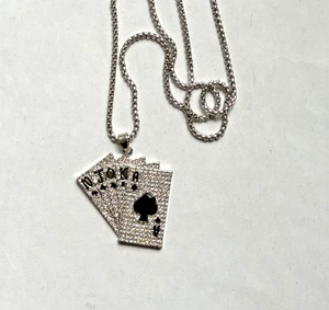 SILVER TONE ROYAL FLUSH ENAMEL CRYSTAL PENDANT NECKLACE - Picture 1 of 3