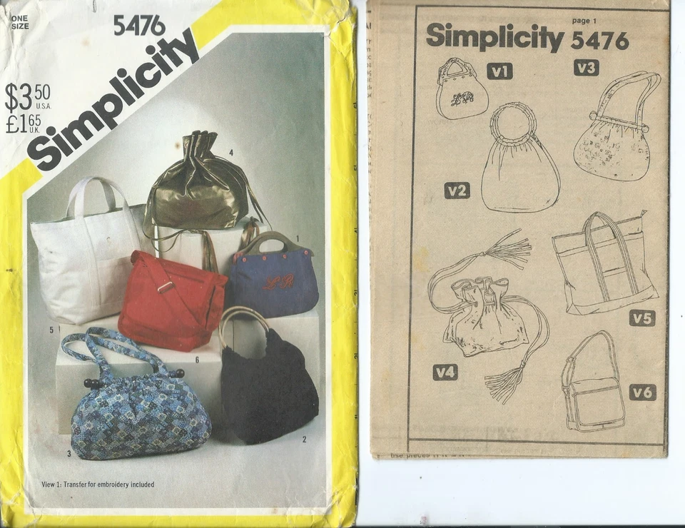 S 5476 sewing pattern 80's Bermuda BAG TOTE PURSES HANDBAG sew 6 vintage Designs - Image 1 of 1