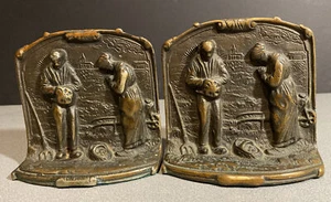 Antique Bronze Vintage Library Bookends, Farmer Wife Praying Angelus at Harvest - Picture 1 of 9