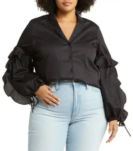 Camicia tunica Harshman Vivona nera 2x manica a palloncino cotone dettaglio volant - Foto 1 di 8