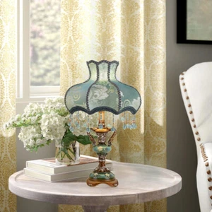 Traditional Table Lamp Tiffany Style Victorian Design Bedside Lamp Blue Fabic - Picture 1 of 8