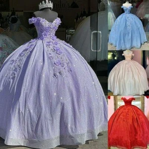 Quinceanera Dresses Sweet 15 16 Off Shoulder 3D Floral Glitter Beaded Ball Gowns - Picture 1 of 26