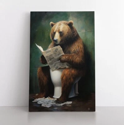 Grizzly Bear Sitting On Toilet Reading Newspaper Painting Print Canvas Bathroom - Image 1 of 4