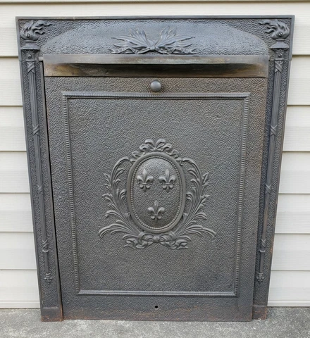 Antique Art Nouveau Fleur-de-lis Cast Iron Fireplace Surround Cover & Frame Cover