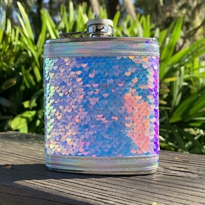 Mermaid sequin holographic iridescent flask 7oz Silver Unicorn Party Gift Drink - Picture 1 of 11