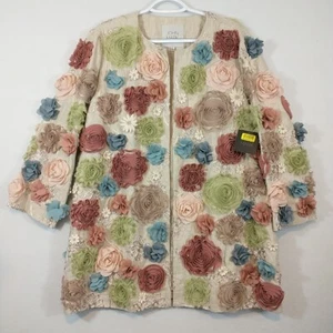 JOHN MARK Embroidered 3D Wild Flowers Print Open Jacket Linen Size Large Boho - Picture 1 of 14