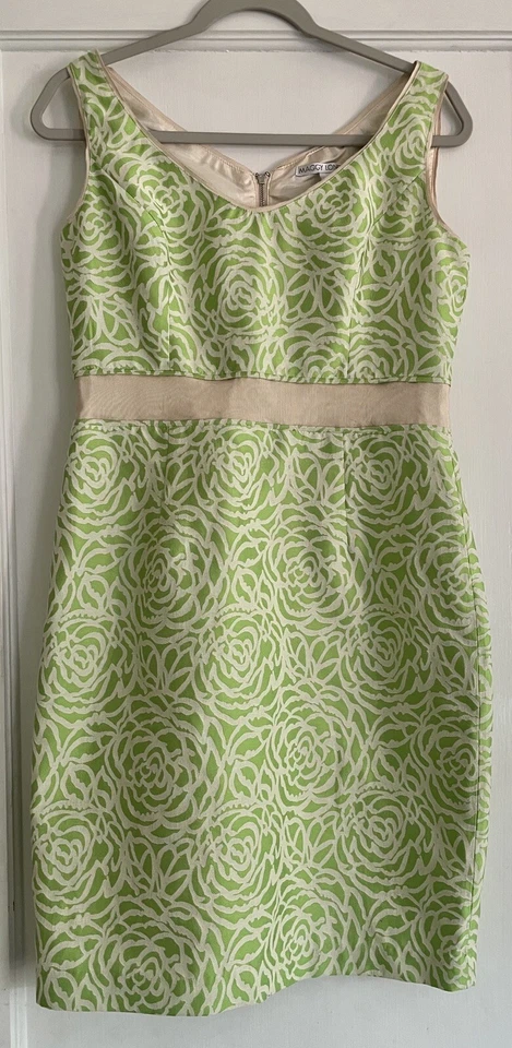 Vestido estilo vintage Maggy London talla 10 verde lima beige ribete sin mangas cremallera Foto 1 de 4