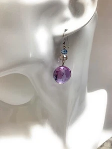 Round Lavender Purple Crystal Dangle Earrings In Sterling Silver Chunky - Picture 1 of 4