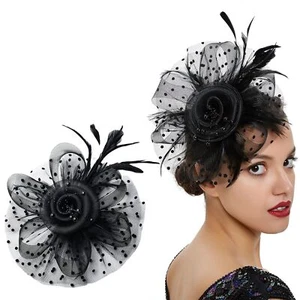 Fascinators Hat Feather Flower Fascinator Mesh Face Veil Hat Black Lace Hair ... - Picture 1 of 7