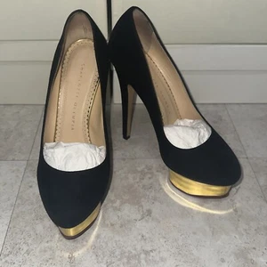 Charlotte Olympia DOLLY Black Gold Suede Platform Pumps Womens 36 Heels W/box - Picture 1 of 12