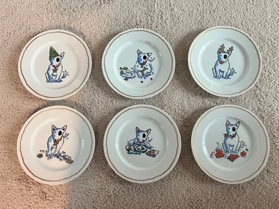 6 Williams-Sonoma Bull Terrier Dog Trouble Plates Dessert Dishes Christmas - Image 1 of 4