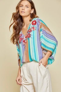 Savanna Jane Striped Floral Embroidered Poncho Blouse Top Sz L - Picture 1 of 11