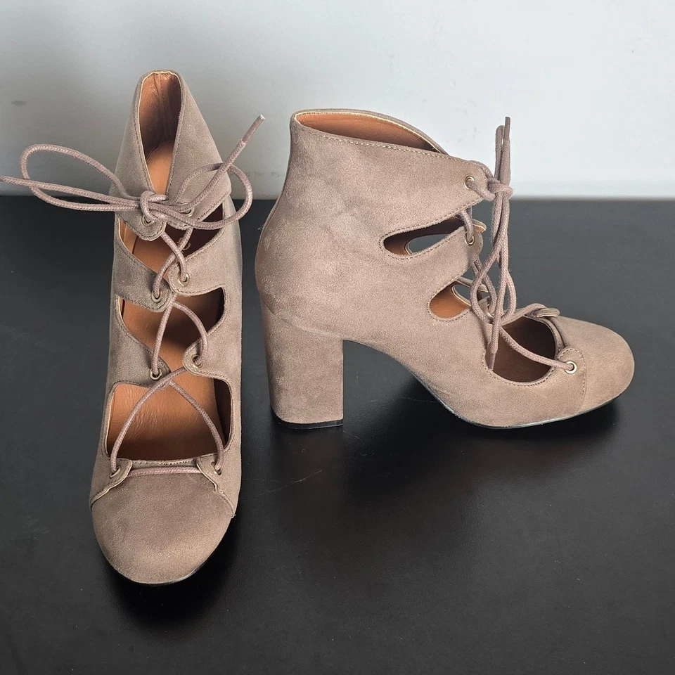 Qupid lace-up faux suede heeled booties block heel Taupe Size 7.5  - Image 1 of 4