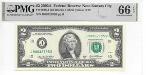 2003A Kansas City $2 FRN JB Block Sheet Note PMG 66 EPQ Gem Uncirculated - Picture 1 of 2