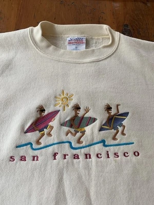 Sudadera De Colección Años 90 San Francisco CA Surf Cuello Redondo Amarillo Claro Talla Mediana Foto 1 de 4