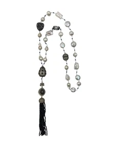 Pave Rhinestone Grey Tassel Cultured Pearl Beaded Boho Statement Necklace - Picture 1 of 7