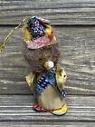 Vintage Christmas Ornament Corn Husk Old Lady Cymbal Playing Floral Hat 4