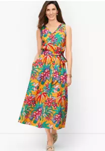 NWT'S Talbots 6 Yellow Tropical Parrot Swiss Dot Belted Sleeveless Midi Dress - Picture 1 of 11