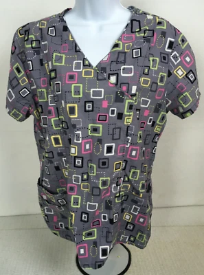 SB Scrub Top Women Size M Gray w Colorful Squares V neck Pockets Short Sleeves - Image 1 of 4