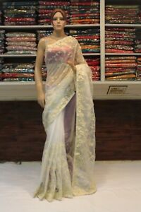 Fancy Designer Net Chikankari White Saree Indian Ethnic Women Formal Party Sari