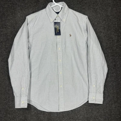 Camisa Polo Ralph Lauren Para Hombres XS Blanca Azul Marino Rayas Oxford Manga Larga Carne Poni Foto 1 de 4