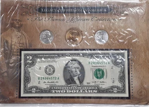 Collezione Thomas Jefferson - Banconota da 2 dollari e 3 monete UNC in scheda informativa - Foto 1 di 4