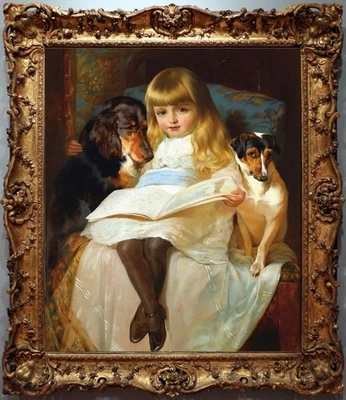 Handmade Old Master-Art Antique Oil Painting Women girl dog on canvas 24"x30" - Image 1 of 2