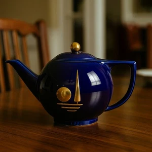 1939 Hall China Cobalt Blue Teapot New York Worlds Fair Vintage Collectible READ - Picture 1 of 10
