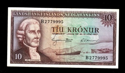 🇮🇸 Iceland 10 Kronur 1957 Pick-38a , *JÖN EIRIKSSON * Banknote - Image 1 of 2