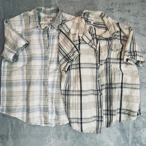 2 Merona Linen Blend Button Front Shirt Mens L Plaid Short Sleeve Blue Tan Ivory - Picture 1 of 11